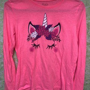 Childrens Place Unicorn Tee Shirt Youth Girls Size XXL 14-16 Neon Pink Long Slee